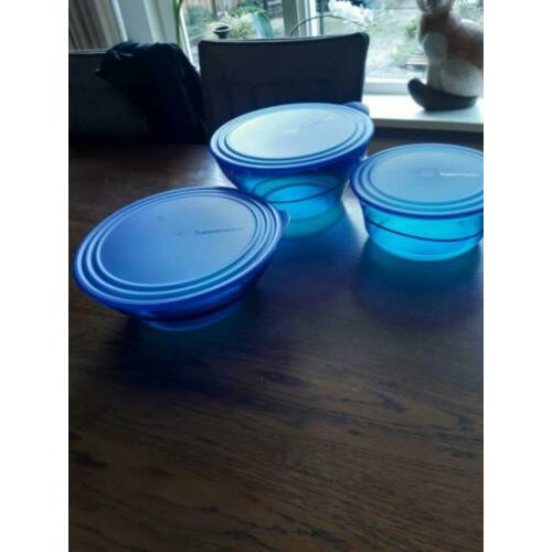 3 blauwe eleganzia tupperware schalen