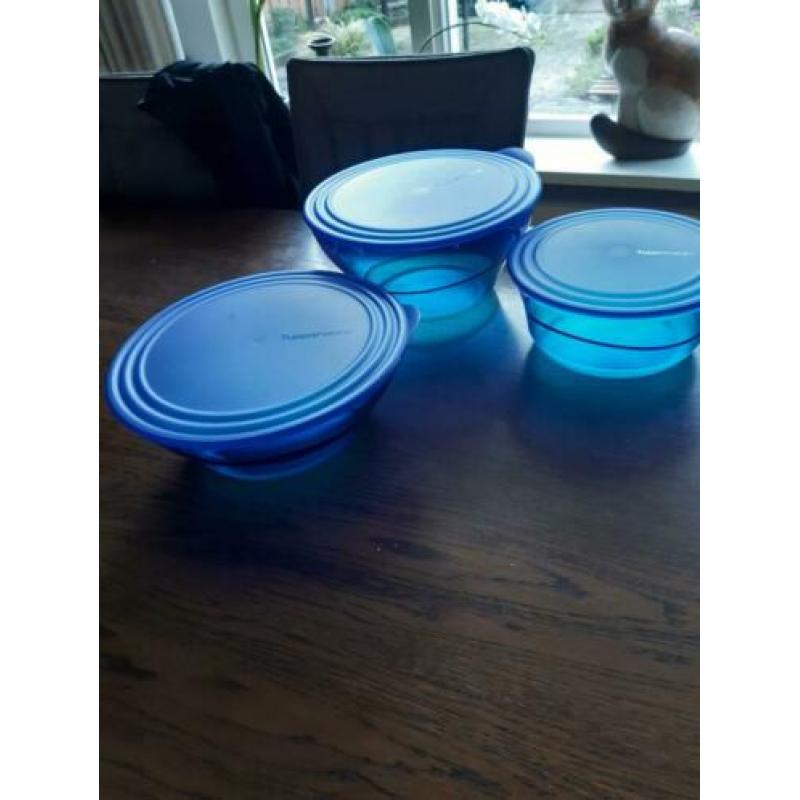 3 blauwe eleganzia tupperware schalen