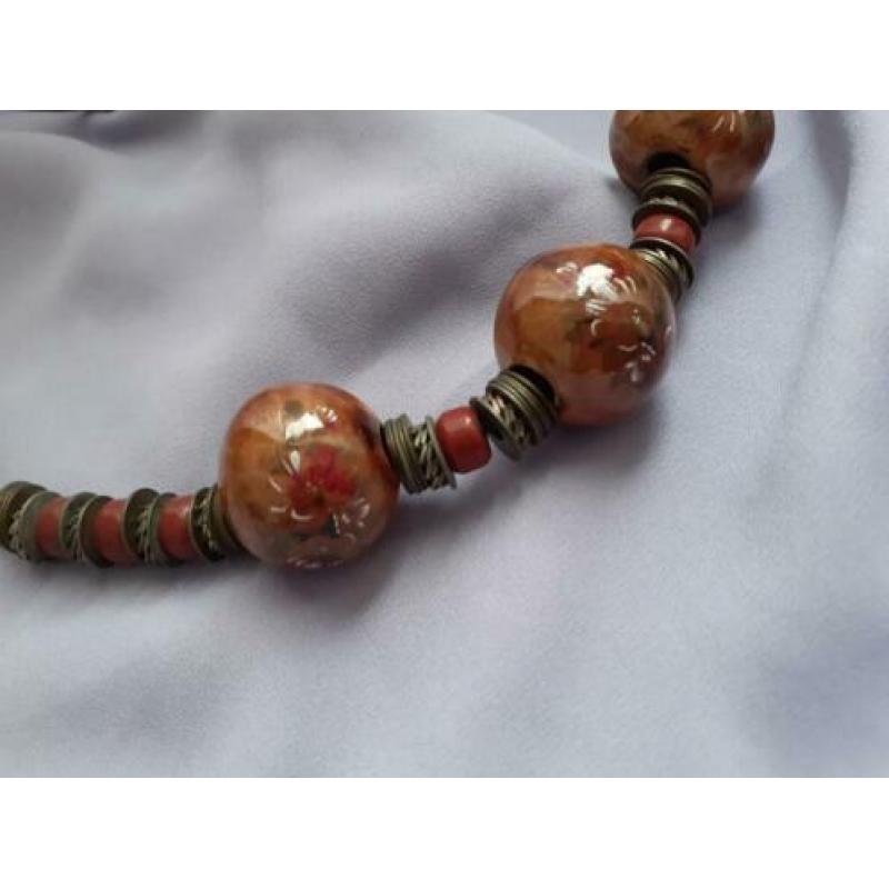 Vintage 1970 70s Handbeschilderde kralen ketting statement