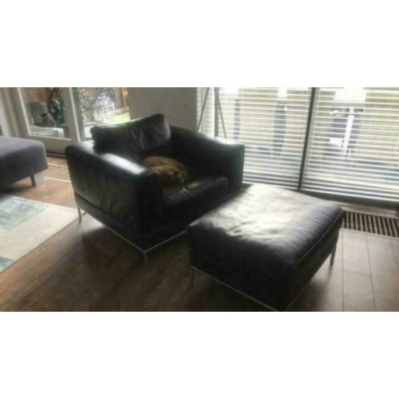 Bruin lederen luxe fauteuil met voetenbank