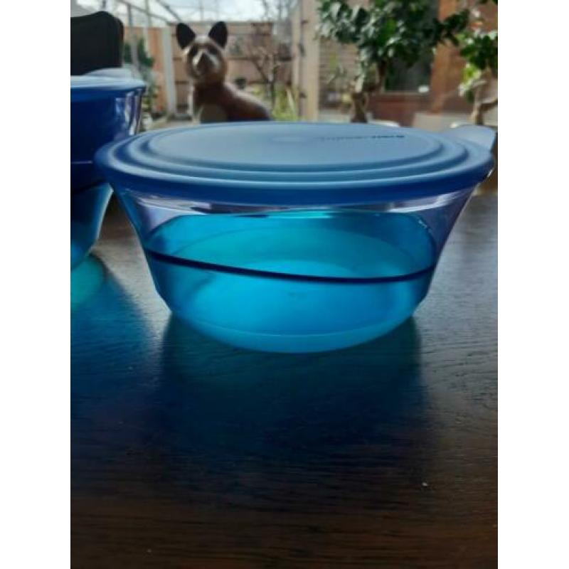 3 blauwe eleganzia tupperware schalen