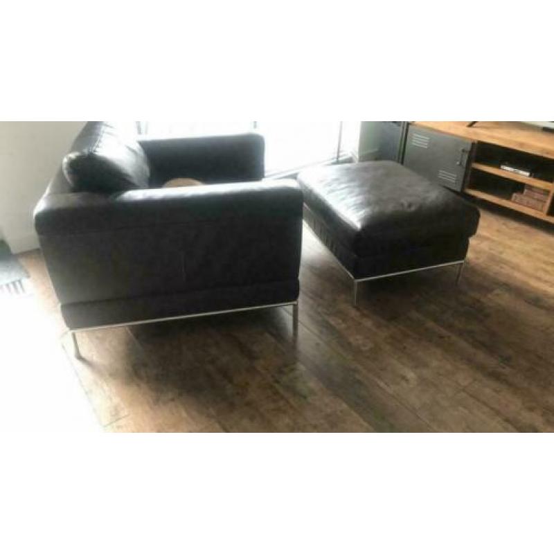 Bruin lederen luxe fauteuil met voetenbank