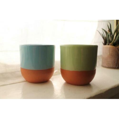 Setje van 2 aardewerk/keramieken kopjes - Blauw en groen