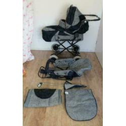 Teutonia kinderwagen en autostoel zeer compleet blauw grijs