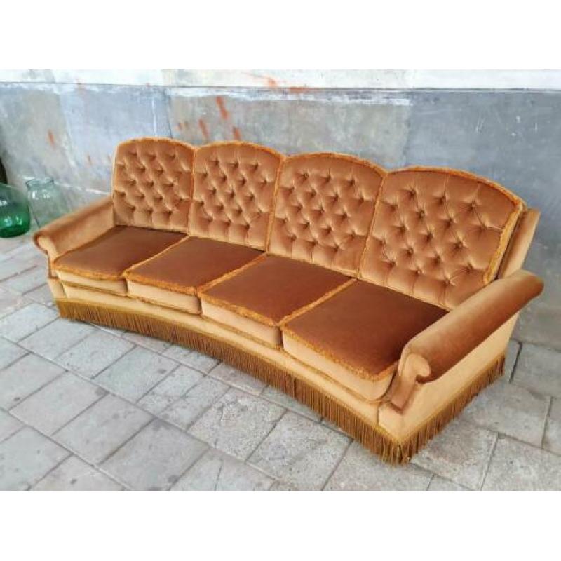 Jaren '70 Retro Goud Kleur Bank | Vintage 4zits Sofa Velours