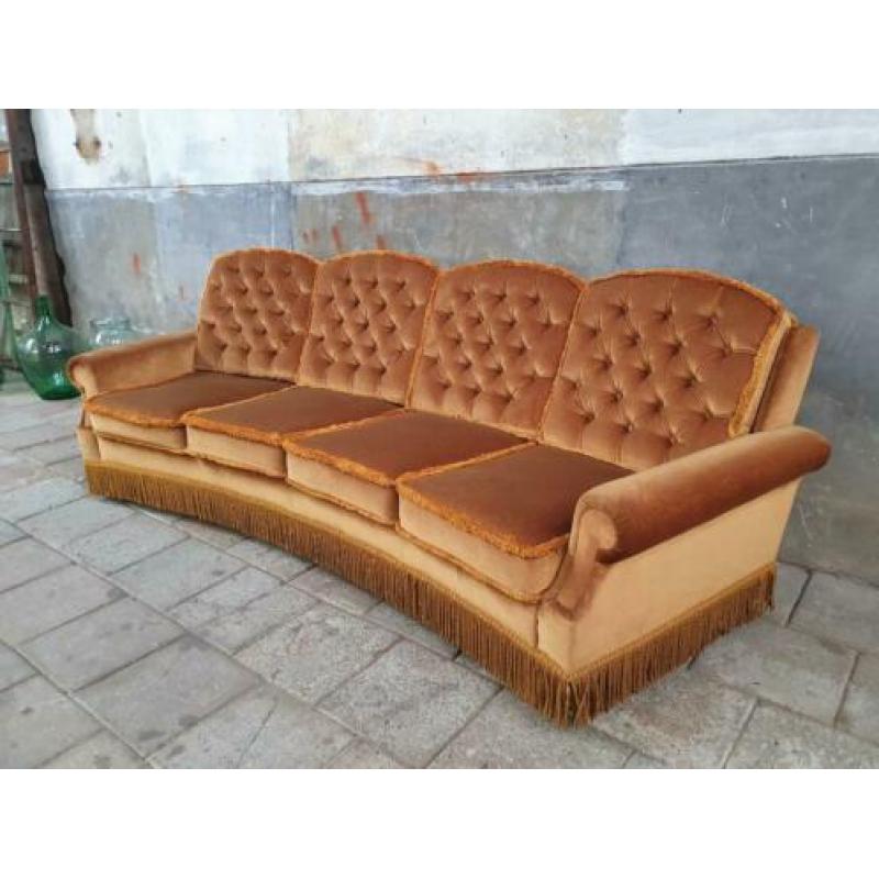 Jaren '70 Retro Goud Kleur Bank | Vintage 4zits Sofa Velours