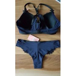Lingerie SET Blauw/Zwart luxe Kant BH 80D/brazillian M Nieuw