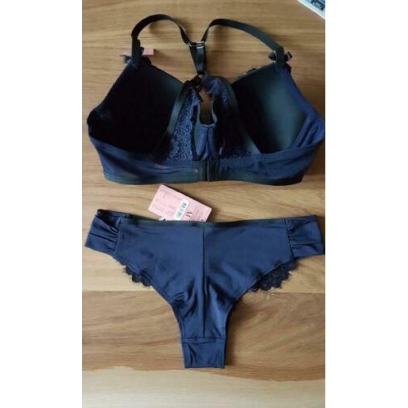 Lingerie SET Blauw/Zwart luxe Kant BH 80D/brazillian M Nieuw