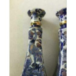 2 Chinese kaarsen standaards of pot, blauw met goudverf