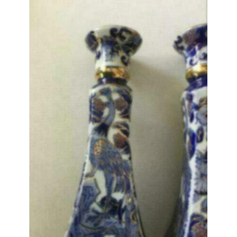 2 Chinese kaarsen standaards of pot, blauw met goudverf
