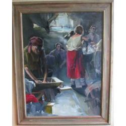 Sfeervol Figuratief Schilderij M.Laan -Wasvrouwen 80 x 60
