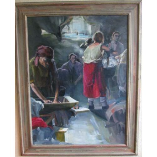 Sfeervol Figuratief Schilderij M.Laan -Wasvrouwen 80 x 60