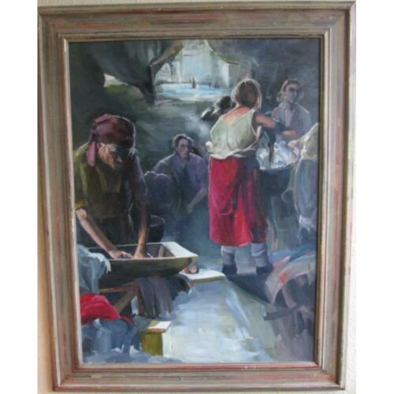 Sfeervol Figuratief Schilderij M.Laan -Wasvrouwen 80 x 60