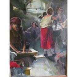 Sfeervol Figuratief Schilderij M.Laan -Wasvrouwen 80 x 60