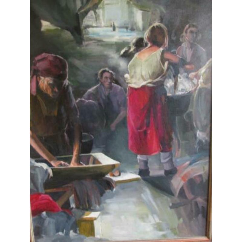 Sfeervol Figuratief Schilderij M.Laan -Wasvrouwen 80 x 60