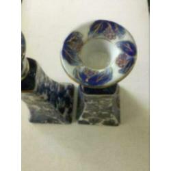 2 Chinese kaarsen standaards of pot, blauw met goudverf