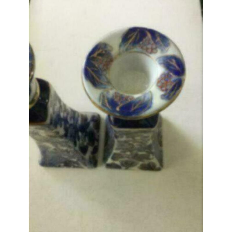 2 Chinese kaarsen standaards of pot, blauw met goudverf