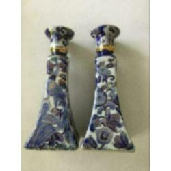 2 Chinese kaarsen standaards of pot, blauw met goudverf