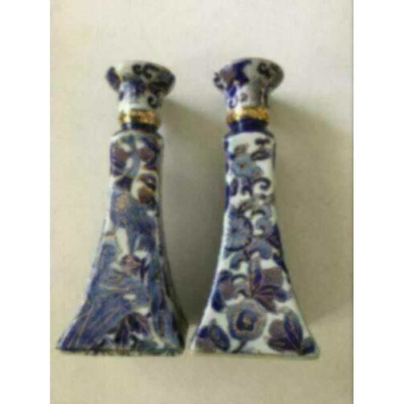 2 Chinese kaarsen standaards of pot, blauw met goudverf