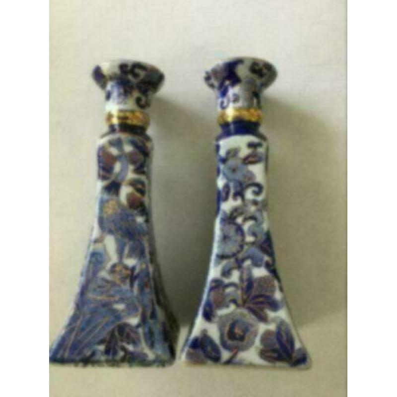 2 Chinese kaarsen standaards of pot, blauw met goudverf