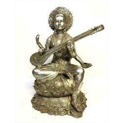 Oud brons verzilverd Grote Godin Sarasvati beeld