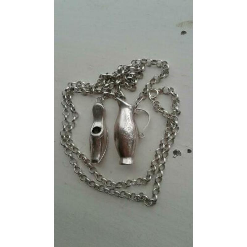 Antiek oud ... zilveren , jassaron ketting + breipen doppen