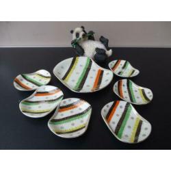 Vintage snack/nootjes set, vrolijk gestreept, porselein