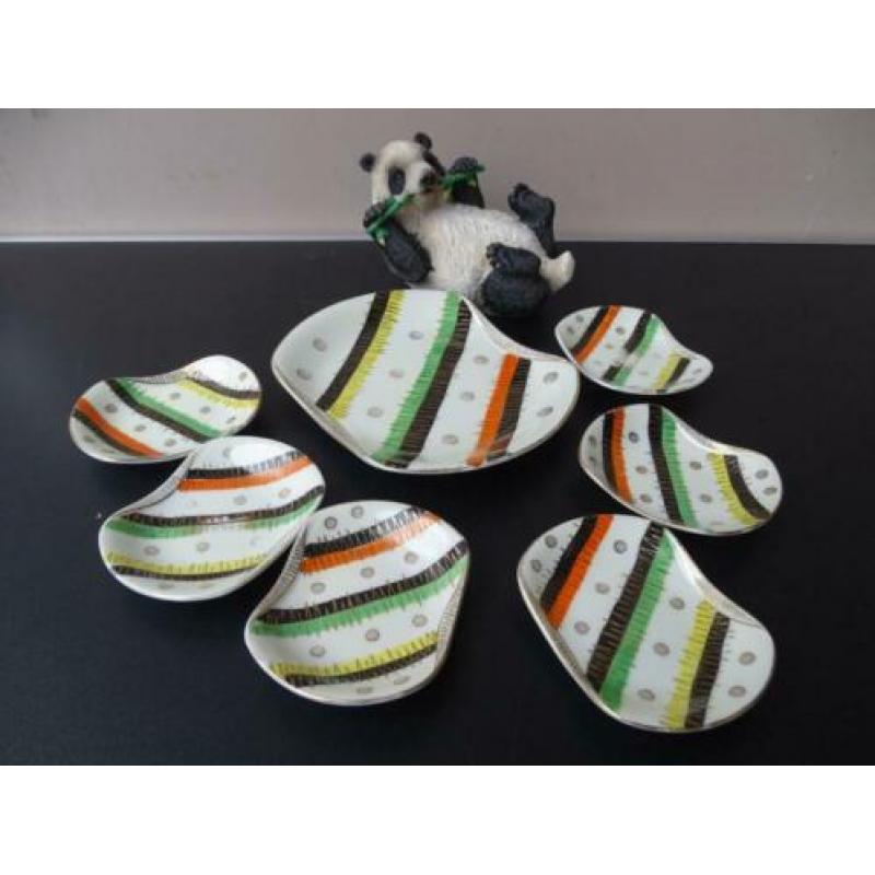 Vintage snack/nootjes set, vrolijk gestreept, porselein