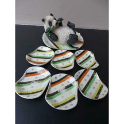 Vintage snack/nootjes set, vrolijk gestreept, porselein