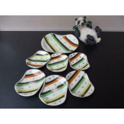 Vintage snack/nootjes set, vrolijk gestreept, porselein