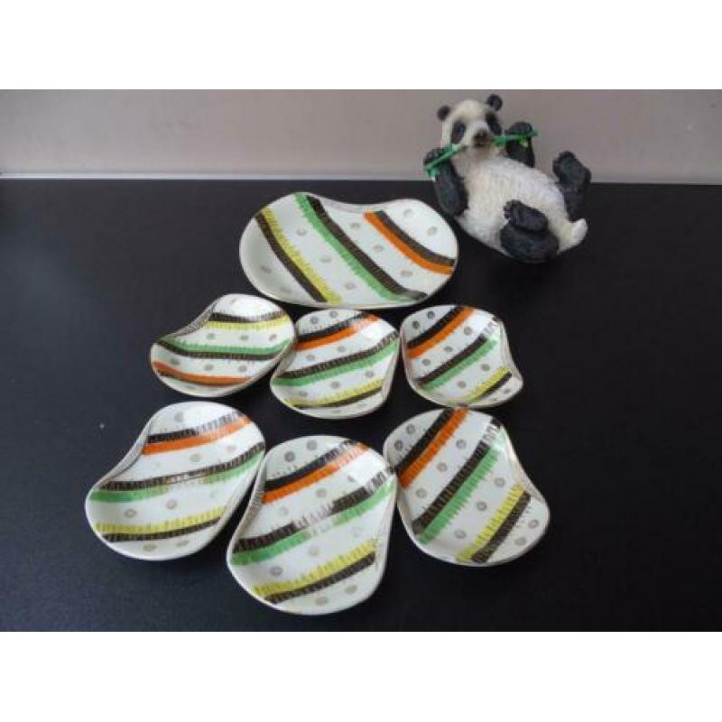 Vintage snack/nootjes set, vrolijk gestreept, porselein