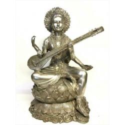 Oud brons verzilverd Grote Godin Sarasvati beeld