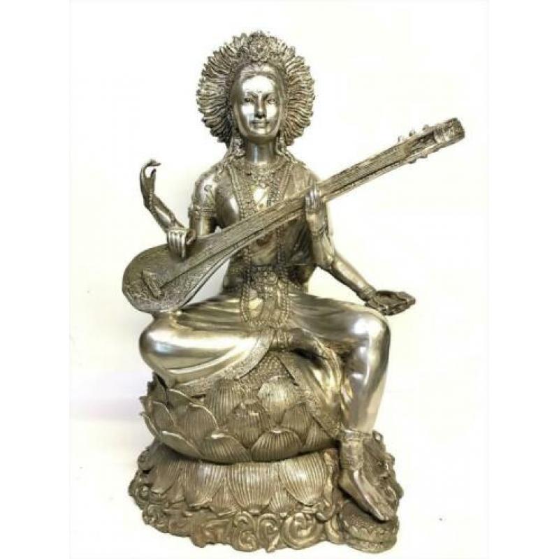 Oud brons verzilverd Grote Godin Sarasvati beeld