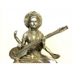 Oud brons verzilverd Grote Godin Sarasvati beeld