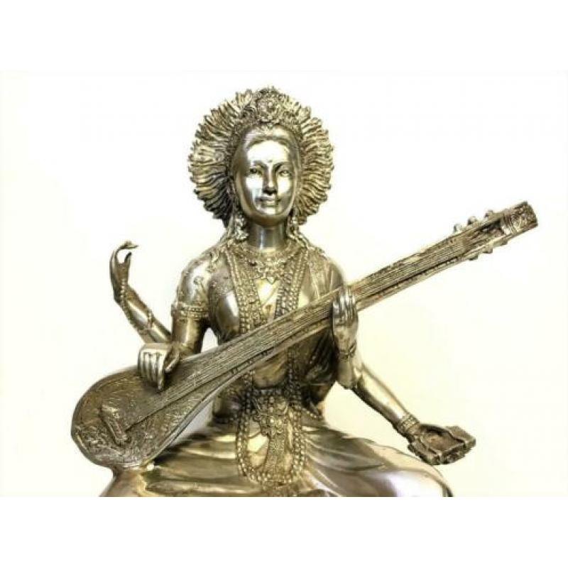 Oud brons verzilverd Grote Godin Sarasvati beeld