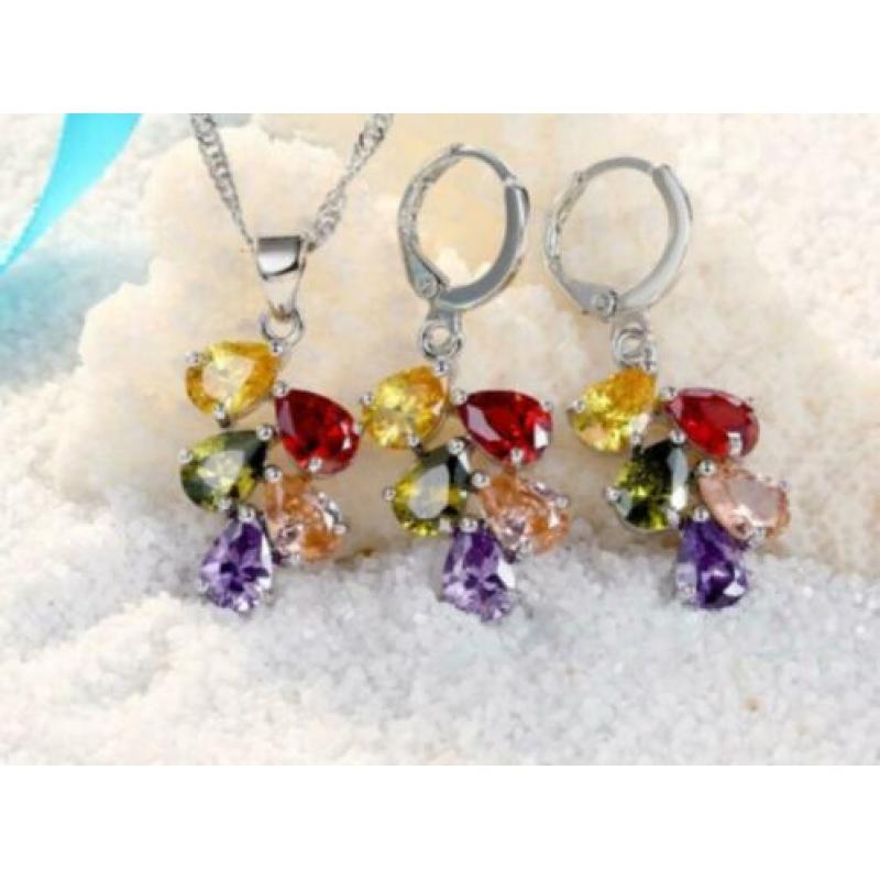 925 Sterling Zilveren Set Kleuren Zirkonia Nieuw