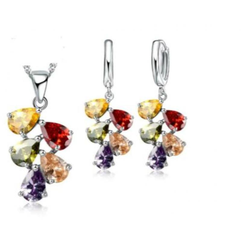 925 Sterling Zilveren Set Kleuren Zirkonia Nieuw