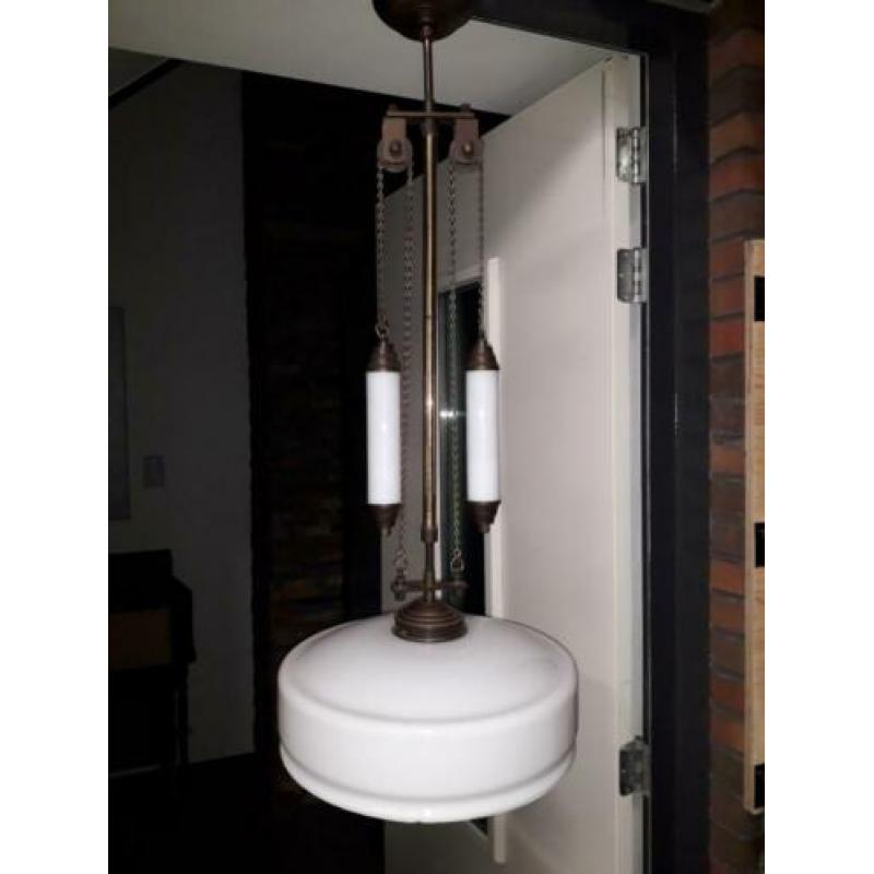 VINTAGE HANGLAMP met GEWICHTEN ( verstelbaar ) + GLAZEN KAP