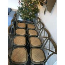 8 Eetkamerstoelen hout met geweven zitting landelijke stijl