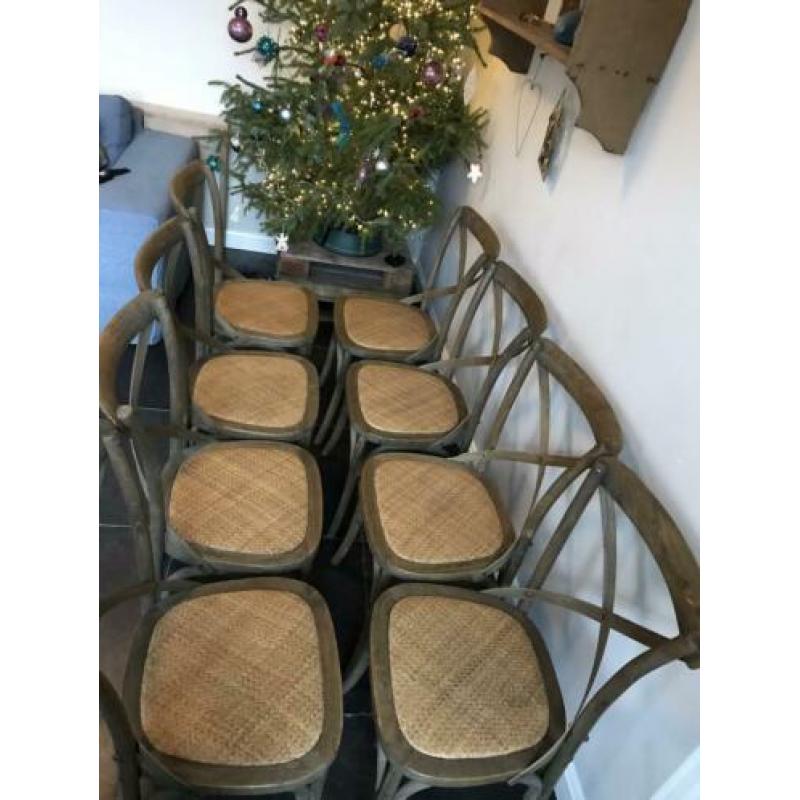 8 Eetkamerstoelen hout met geweven zitting landelijke stijl