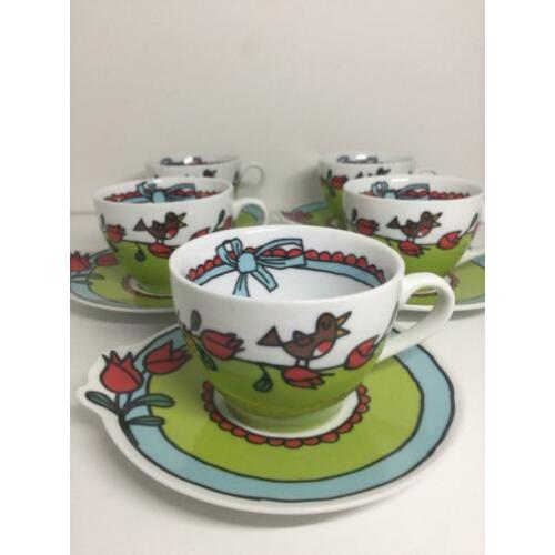 Babette Servies 5 kop en schotels groen/blauw tulpen