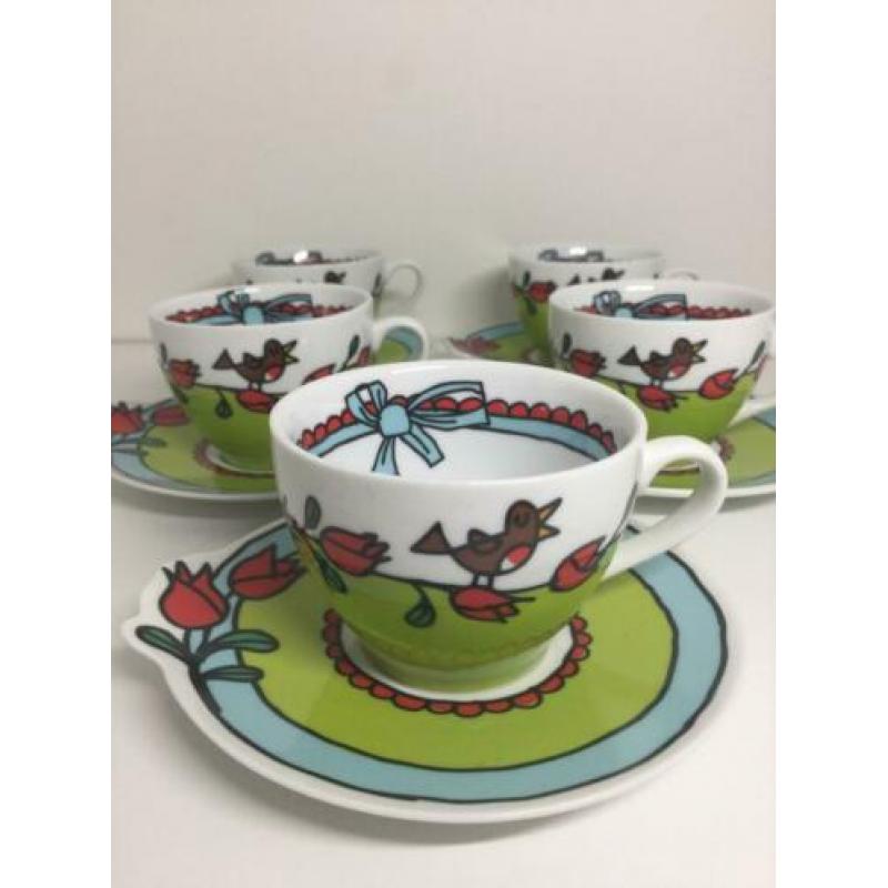 Babette Servies 5 kop en schotels groen/blauw tulpen