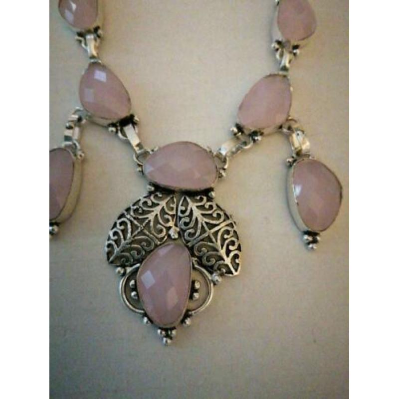 Prachtige handgemaakte 925z ketting met roze quartz 50cm