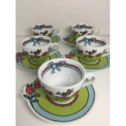Babette Servies 5 kop en schotels groen/blauw tulpen