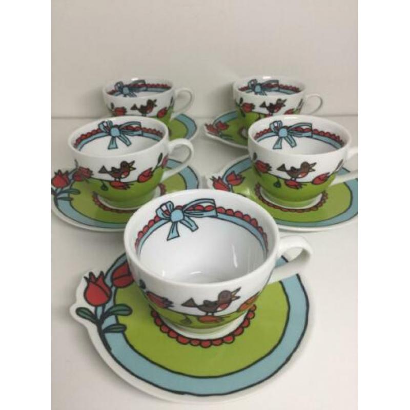 Babette Servies 5 kop en schotels groen/blauw tulpen
