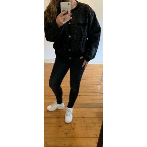 Oversized zwart leren vintage jack met bloemen print SALE
