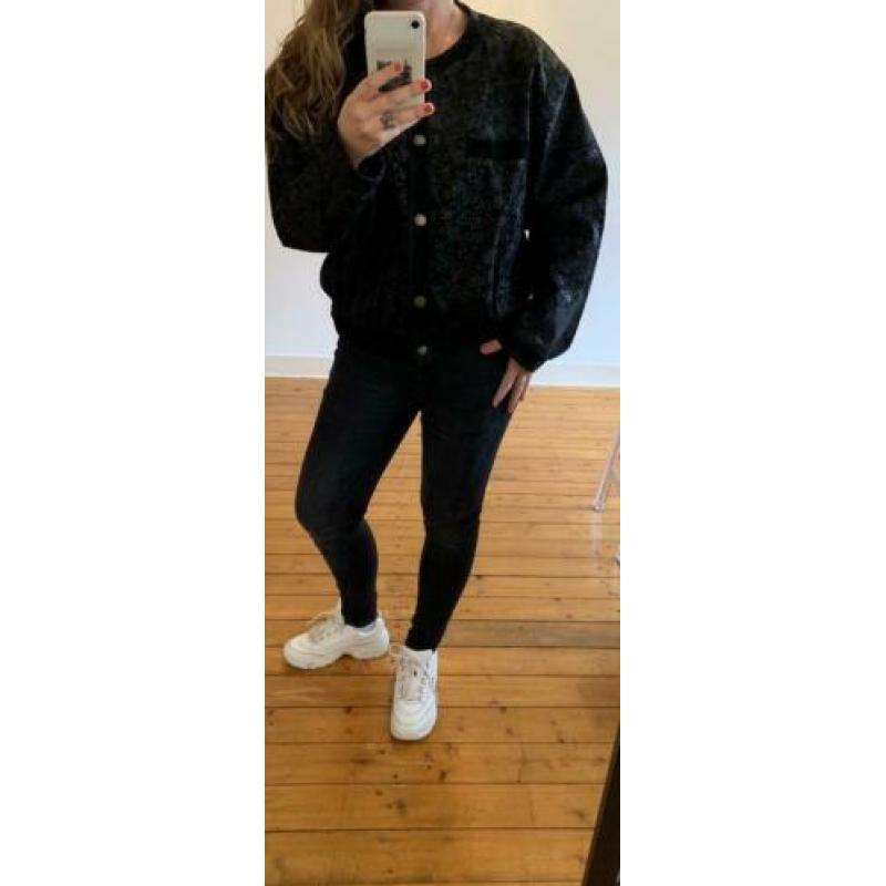 Oversized zwart leren vintage jack met bloemen print SALE