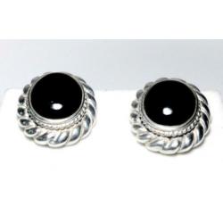 Schitterend Paar Vintage Ovale Onyx & 925 Zilver Oorbellen