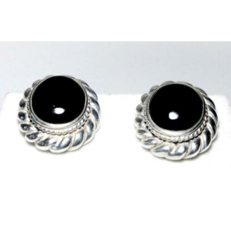 Schitterend Paar Vintage Ovale Onyx & 925 Zilver Oorbellen