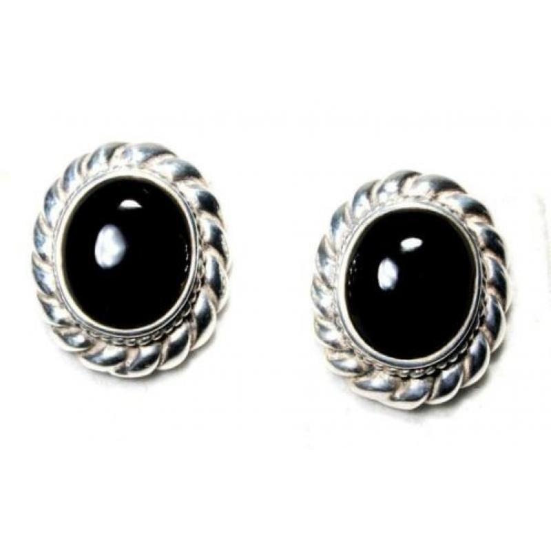 Schitterend Paar Vintage Ovale Onyx & 925 Zilver Oorbellen